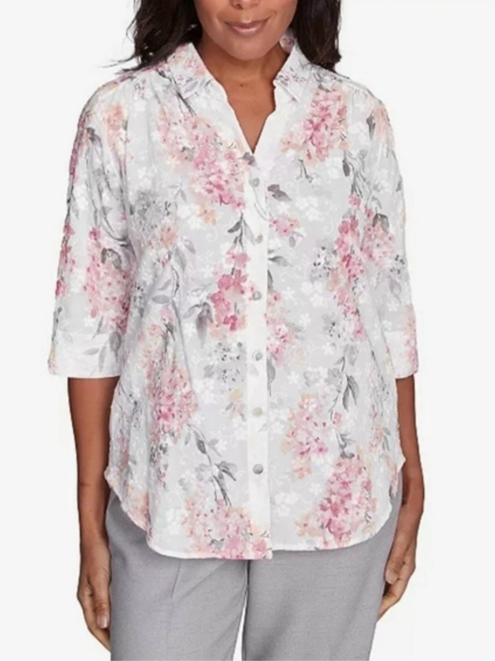 NWT Alfred Dunner Floral Cotton Eyelet Button-Up Blouse Size S